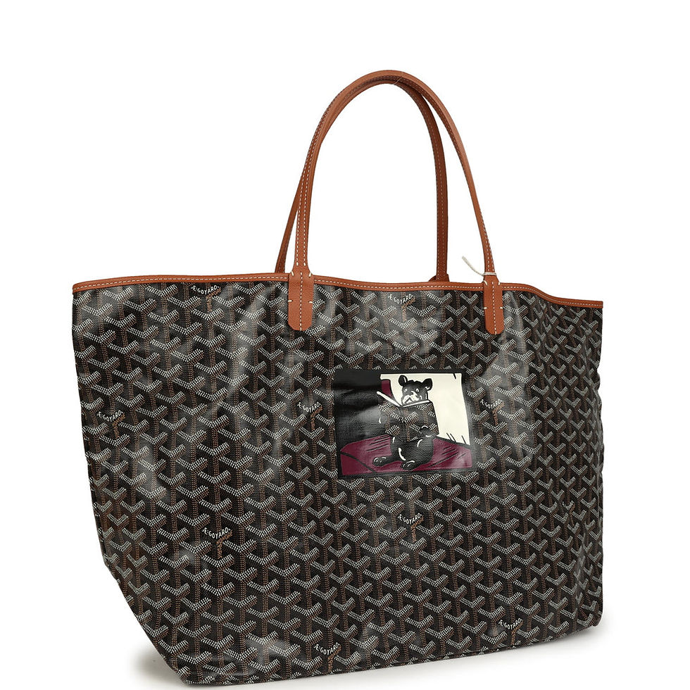 Goyard Saint Louis GM tote in Black and Brown Goyardine canvas, close front view of the Hulot Dog patch