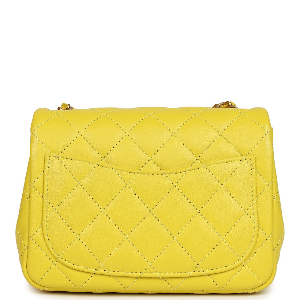 Thumbnail: Back view of the bag showing the smooth slip pocket set into the quilted yellow leather panel