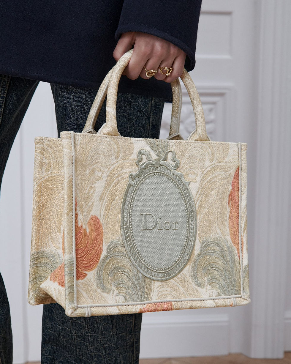 Dior Small Book Tote with strap in beige Dior Byzance Feathers embroidery – view 2
