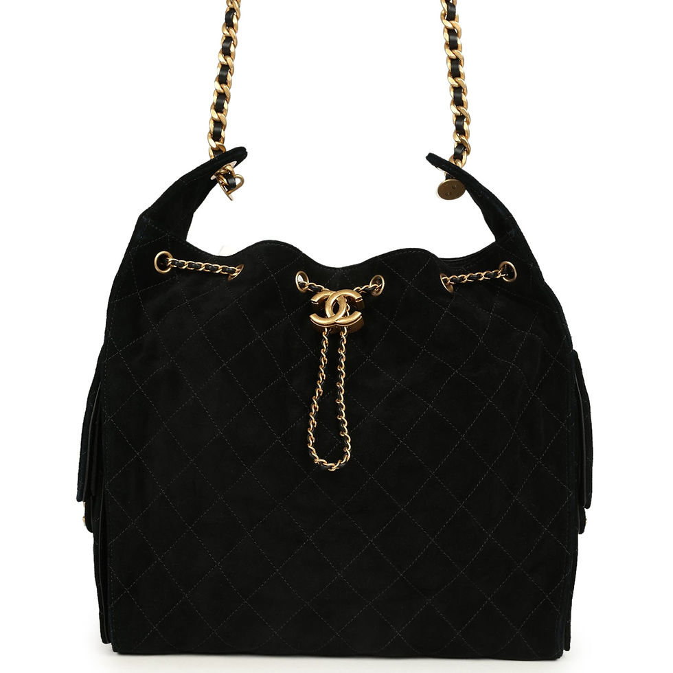 Front view of the black suede Chanel 25 Medium bag with antique gold-tone fastening