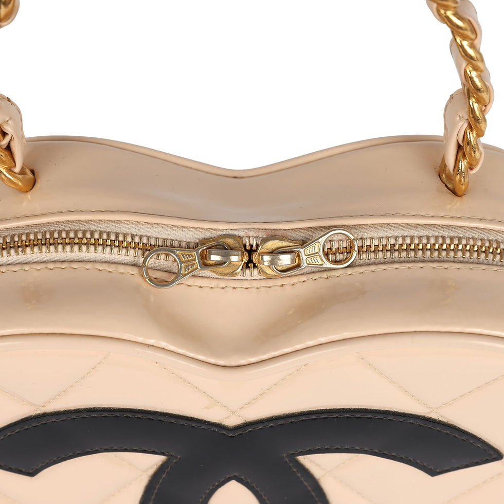 Thumbnail: Close-up of the gold-tone zip pulls at the top edge of the heart-shaped bag