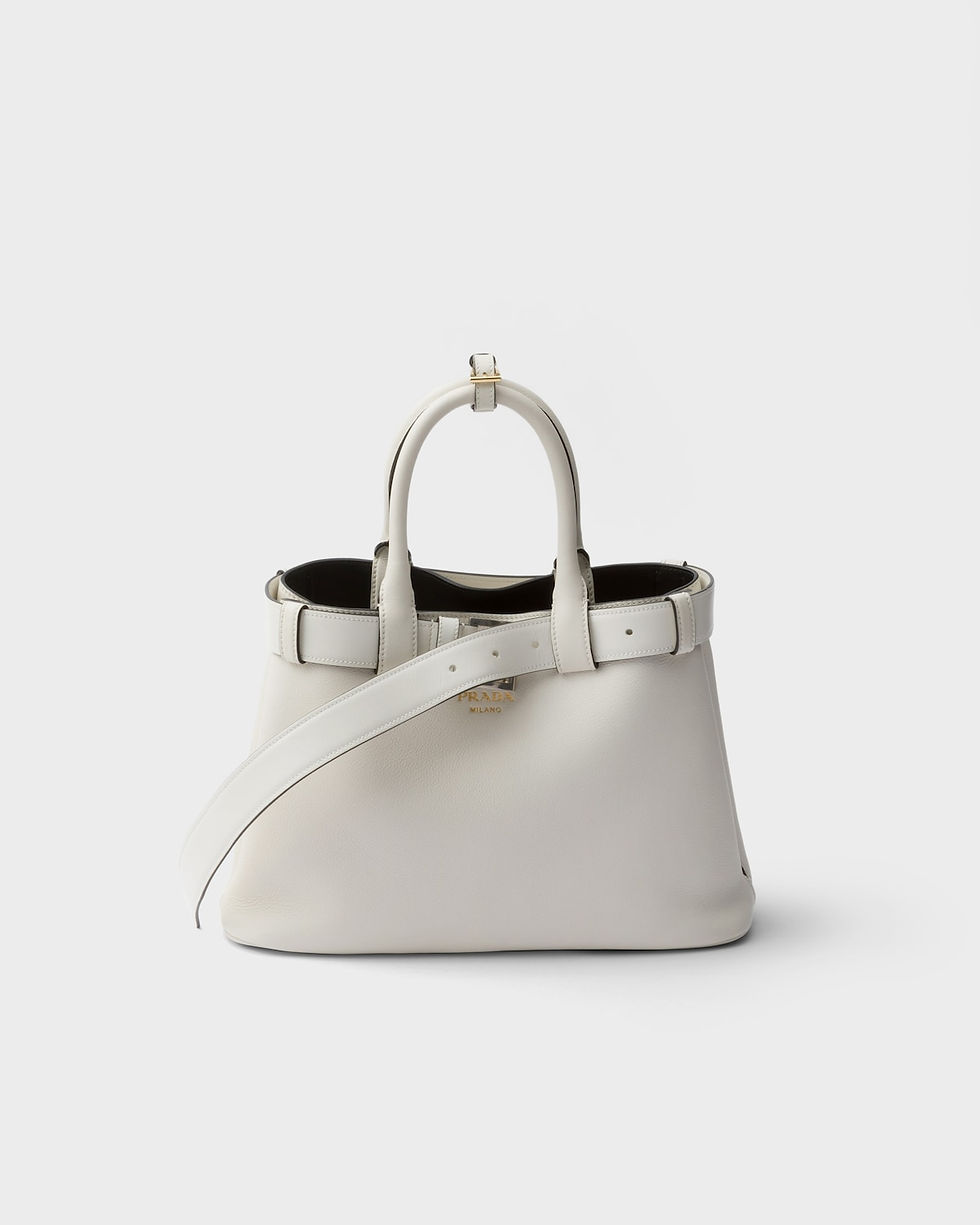 Prada Buckle small handbag with belt in white/black calfskin – front view
