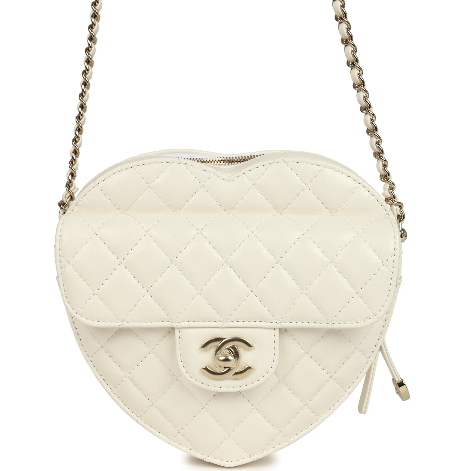 Chanel CC In Love Large Heart Bag in white lambskin, front view with CC turnlock