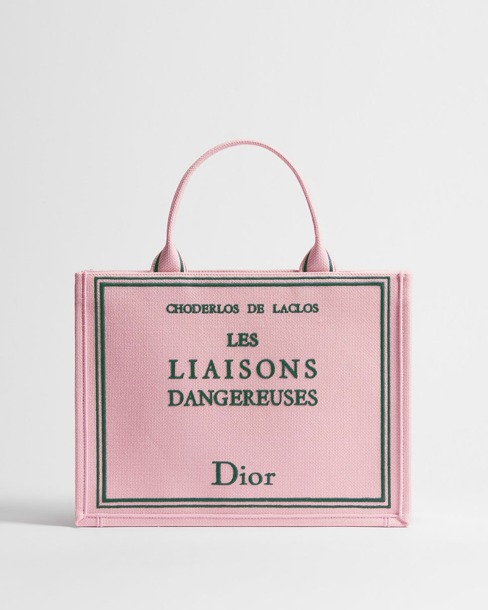 Dior Medium Book Tote in pink cotton and linen with Les Liaisons Dangereuses cover – front view