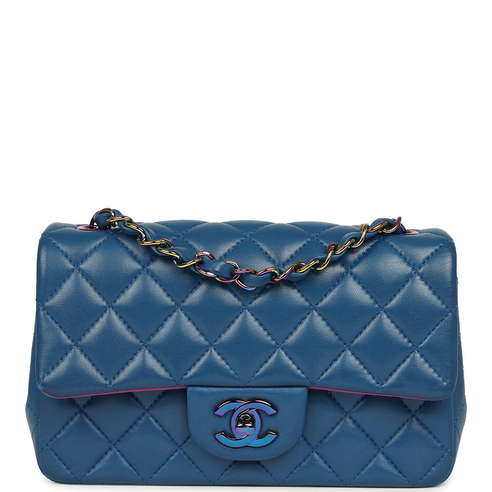 Front view of the Chanel Mini Rectangular Flap Bag in blue lambskin with an iridescent rainbow CC turn-lock