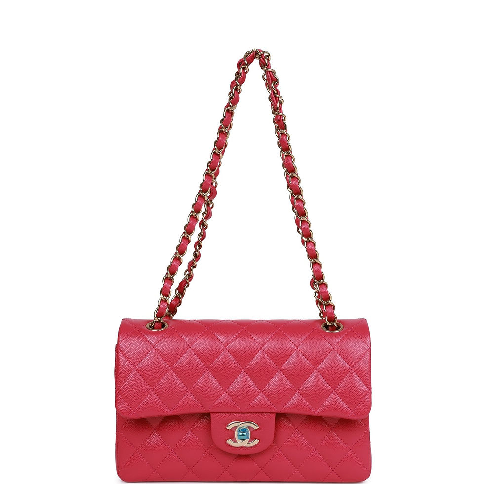 Thumbnail: Fuchsia Chanel Small Classic Flap bag with chain strap fully extended for shoulder wear