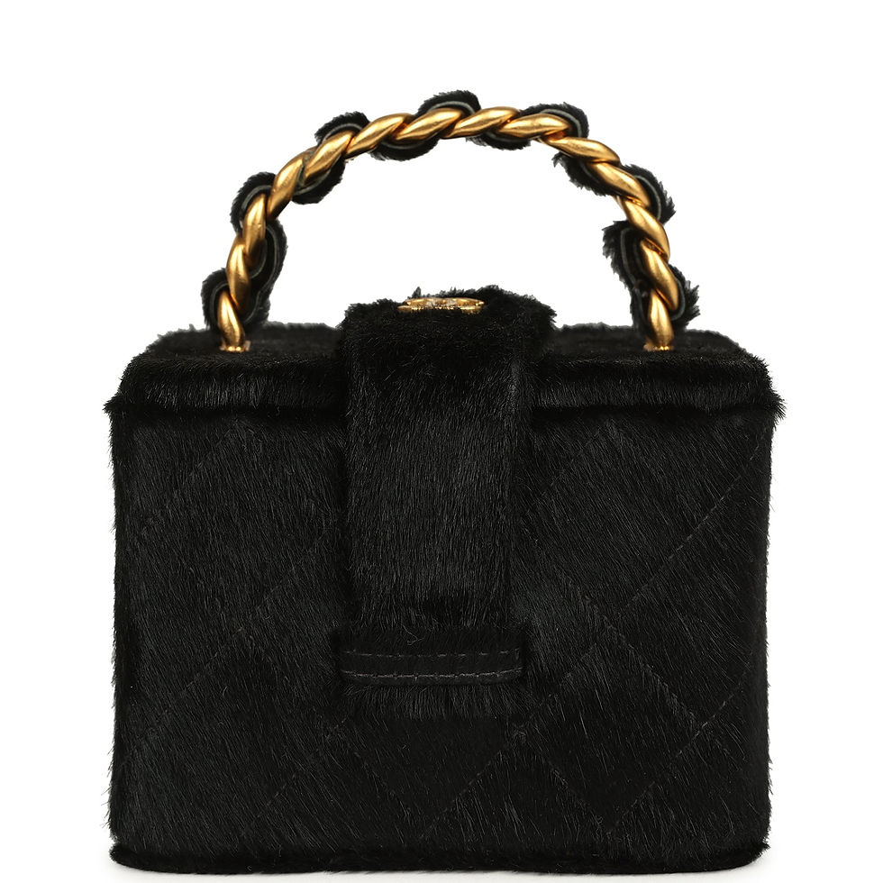 Front view of the square vanity box in black ponyhair with a gold-tone twist-lock CC