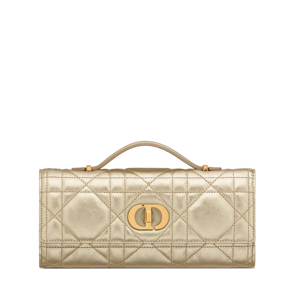 Dior Miss Caro Top Handle Pouch in metallic gold-tone Macrocannage calfskin – front view