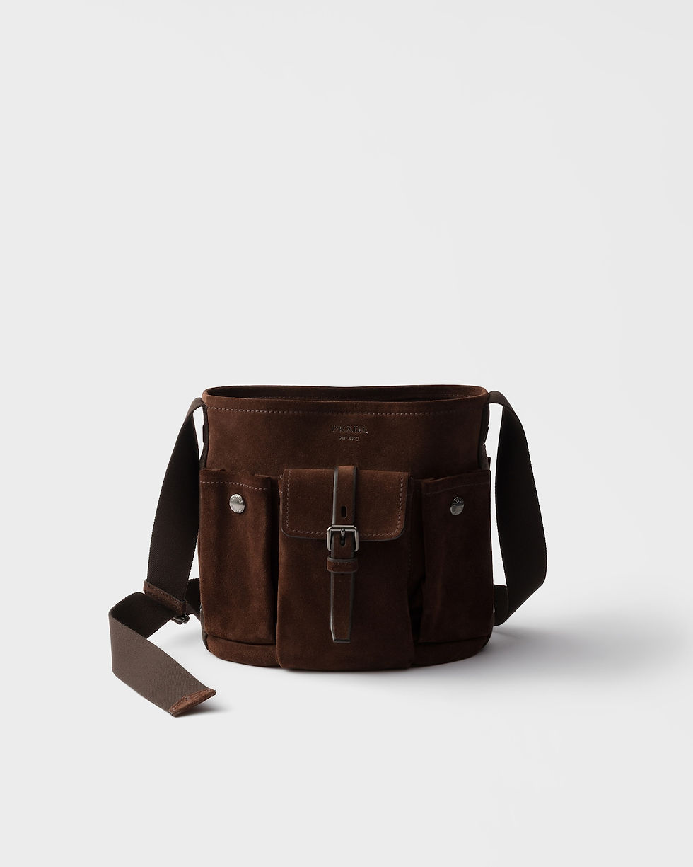 Prada Route mini bucket bag in dark brown suede – front view