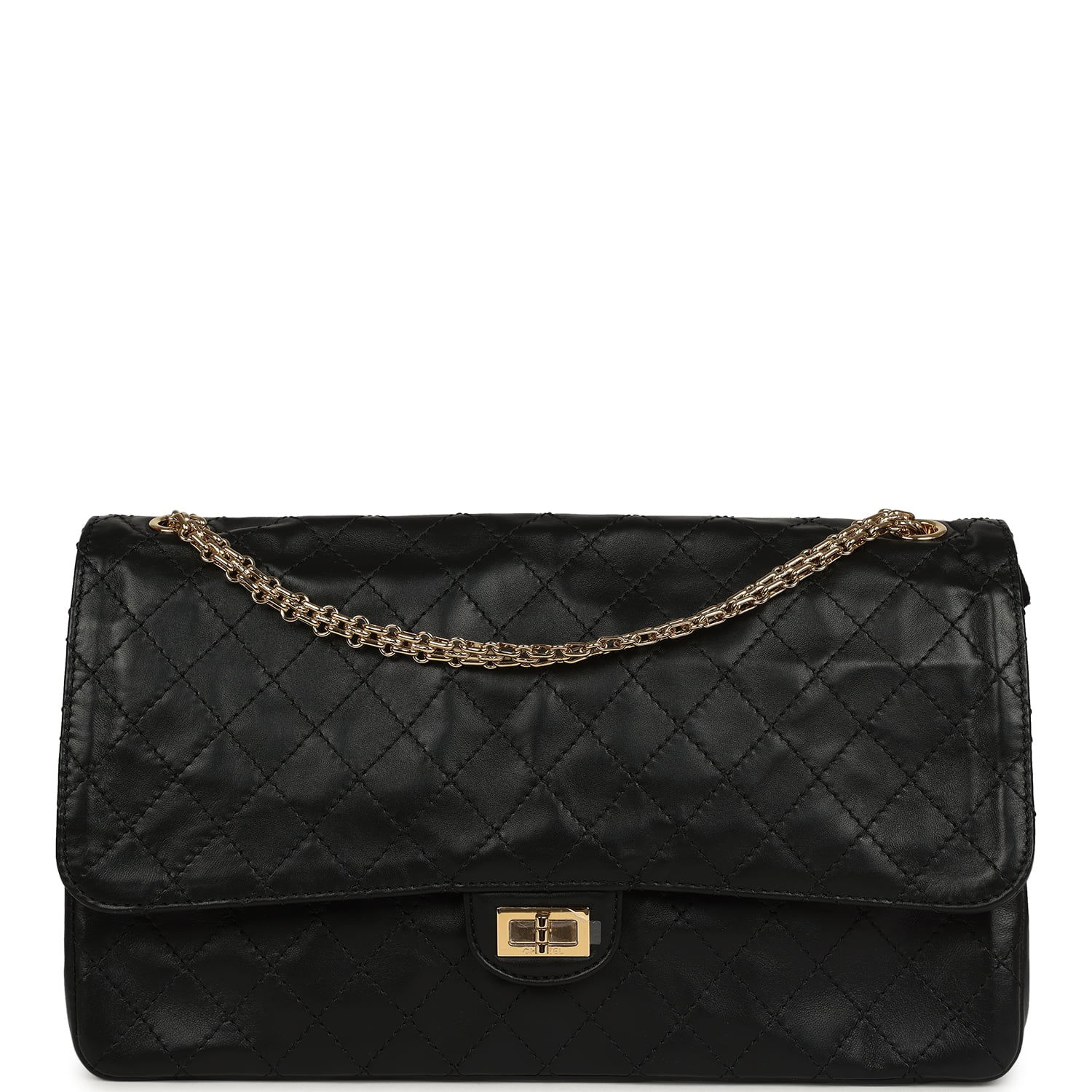 Chanel Maxi Reissue 225 2.55 double flap bag in black lambskin, front angled view