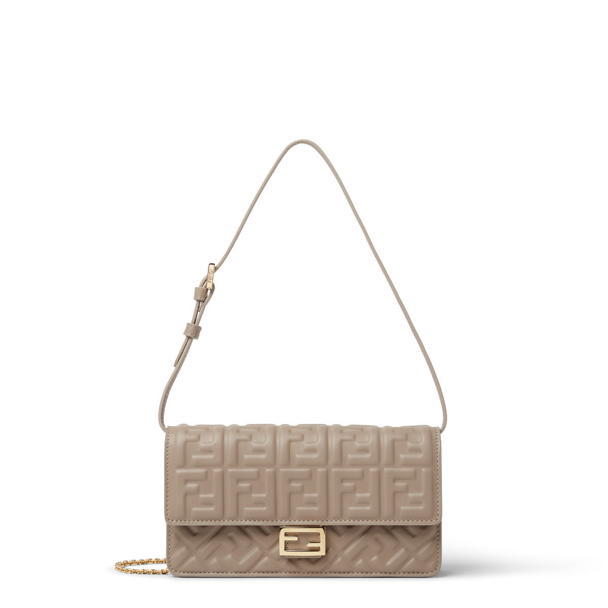 Fendi Tube Wallet on Chain in dove grey FF embossed nappa leather – front view