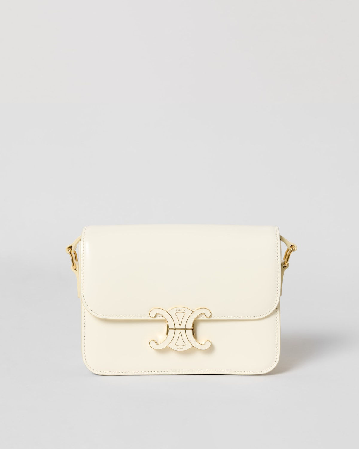 Celine Teen Triomphe bag in creamy white shiny calfskin with enamel closure – front view