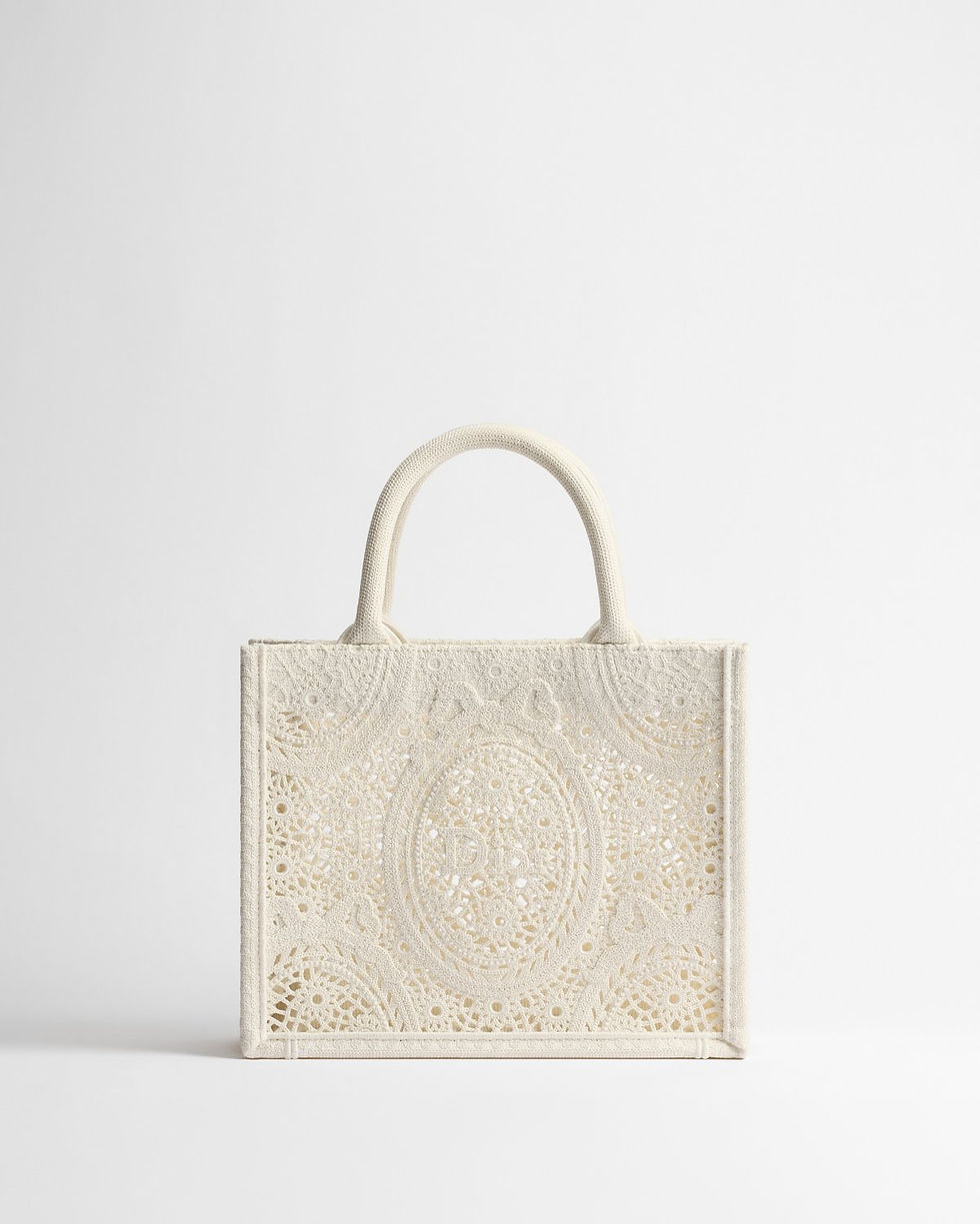 Dior Small Book Tote with strap in white embroidered crochet – front view