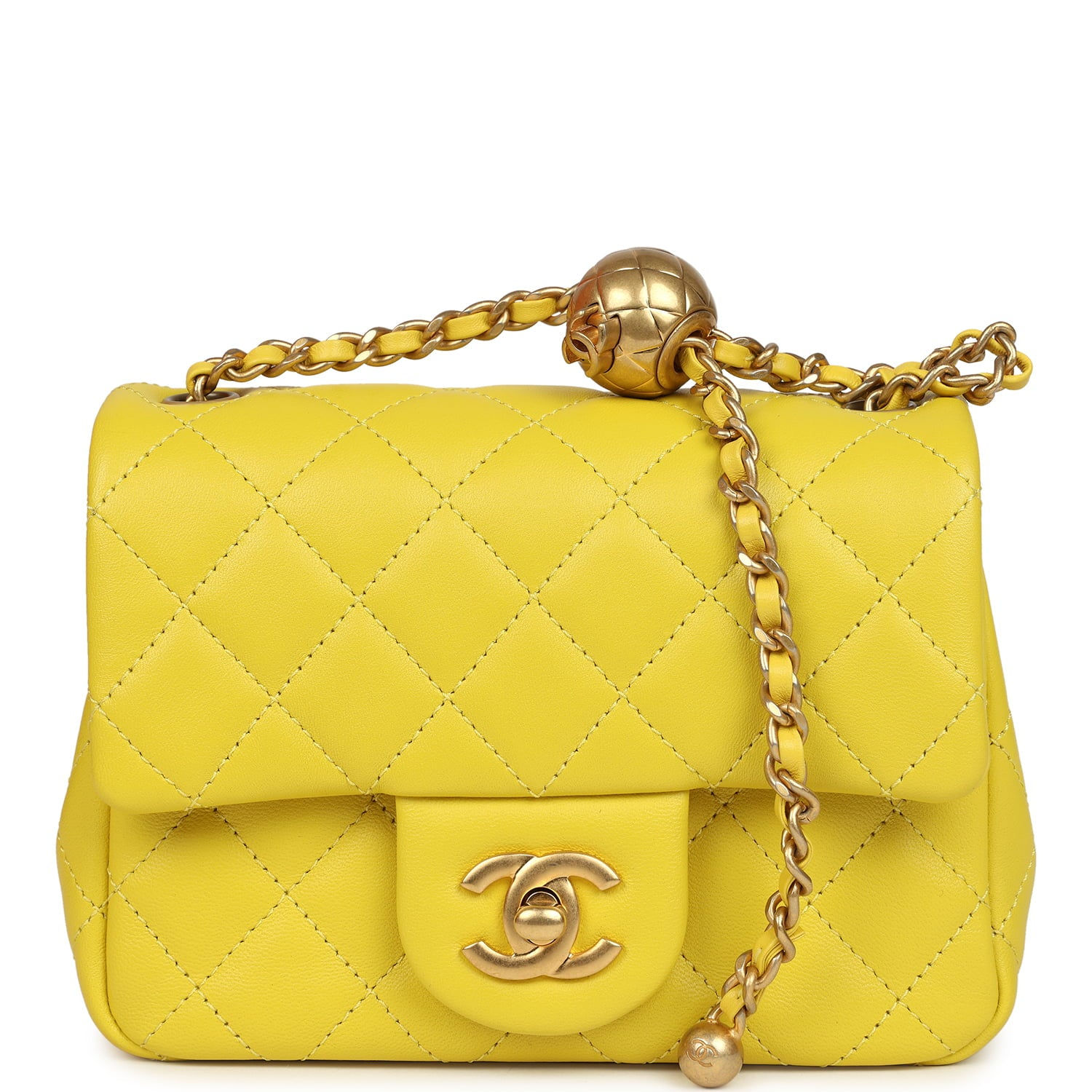 Chanel Mini Pearl Crush Square Flap Bag in yellow lambskin, front view with gold CC turnlock