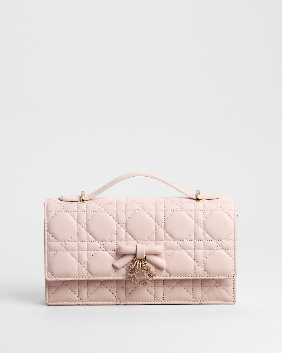 Dior My Dior Mini bag with bow in pink Cannage lambskin, strass charms – front view