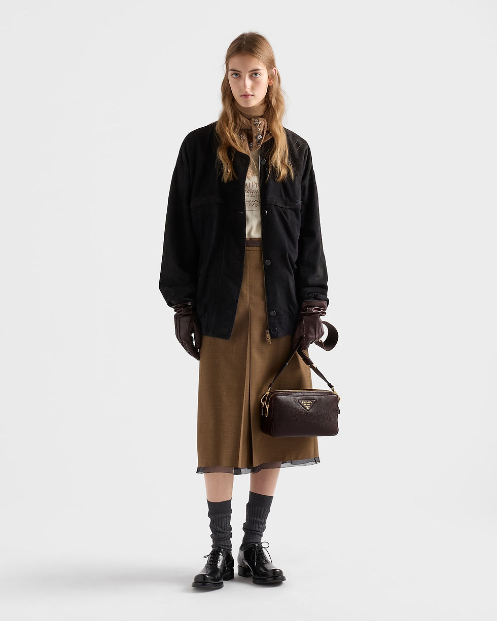 Prada small shoulder bag in dark brown calfskin with woven tape strap – view 2