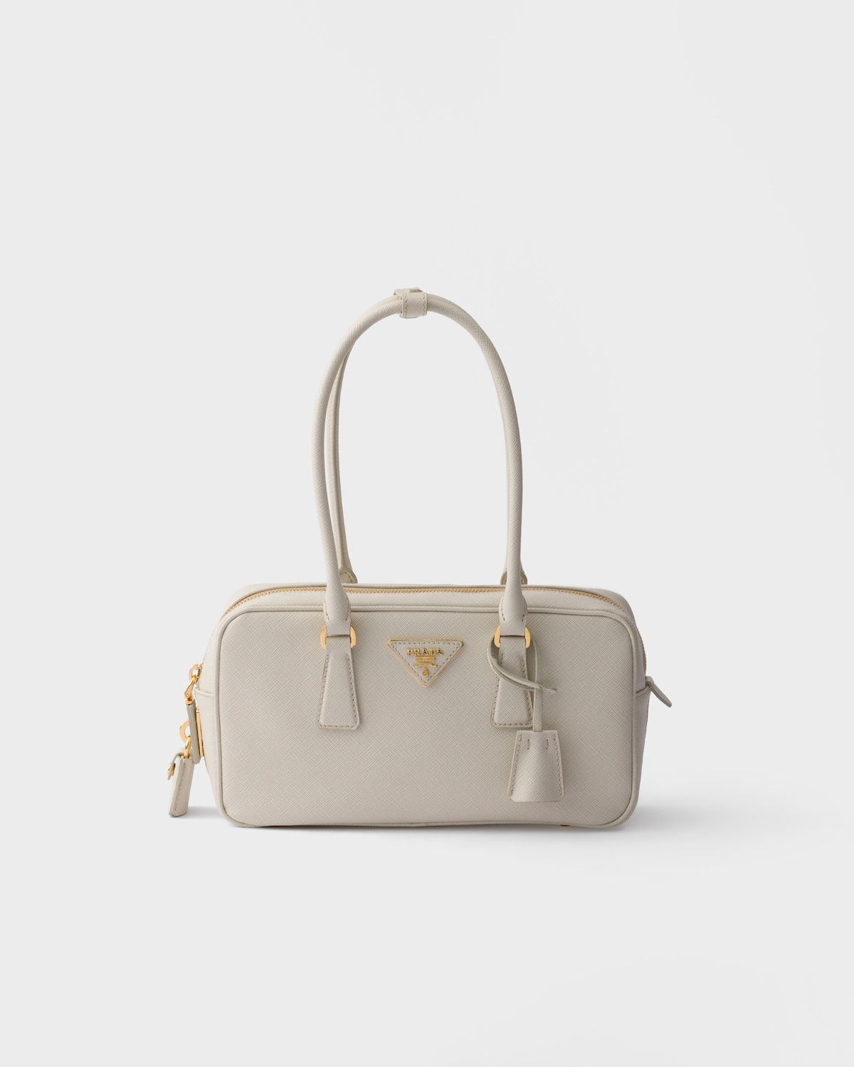 Prada small rectangular top-handle bag in chalk white Saffiano leather – front view