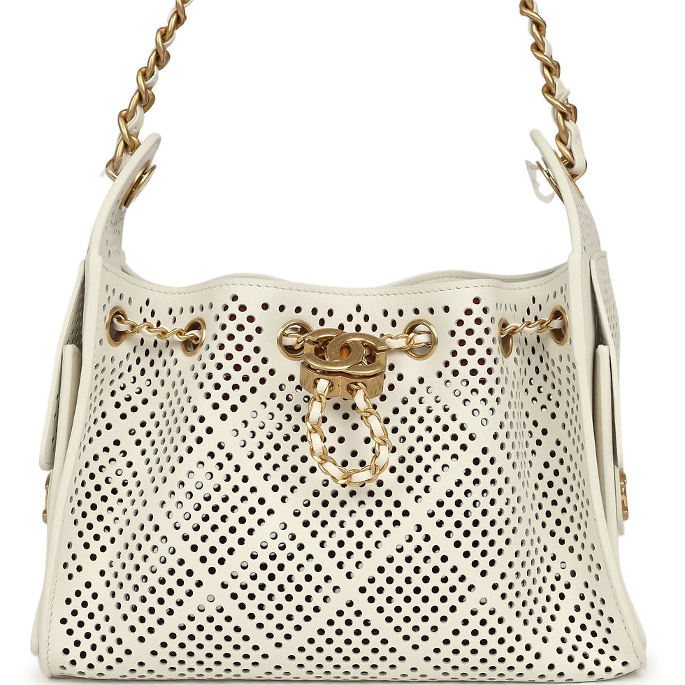 Chanel Mini 25 Hobo Bag in white perforated calfskin, front view with drawstring closure