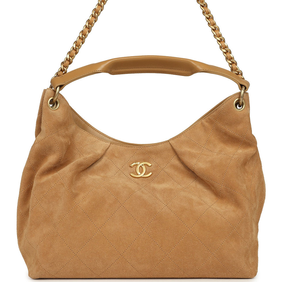 Front view of the Chanel Maxi Hobo bag in beige quilted suede with gold-tone CC charm