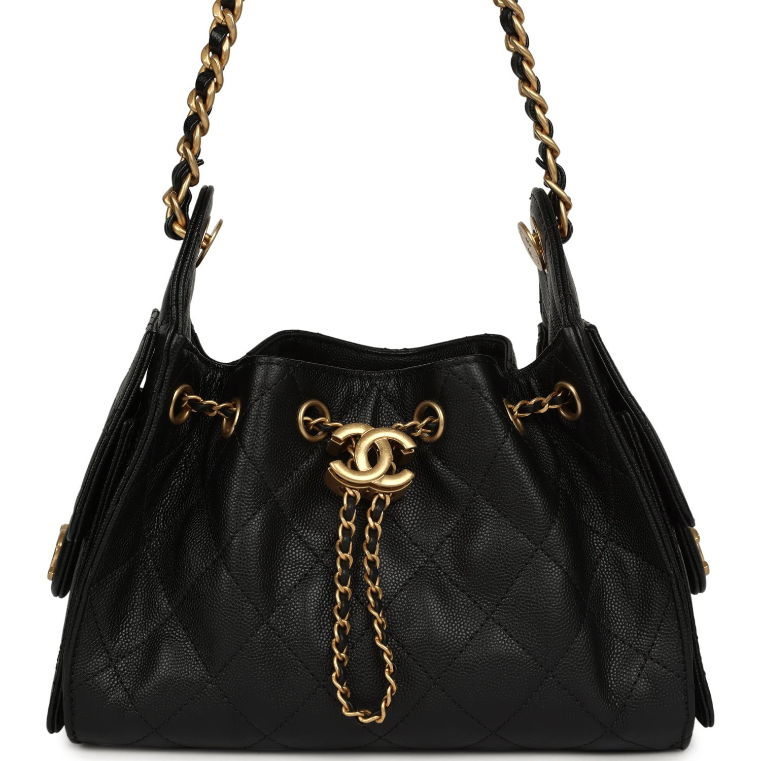 Pre-owned Chanel Mini 25 Hobo Bag in black caviar leather, front view with drawstring closure