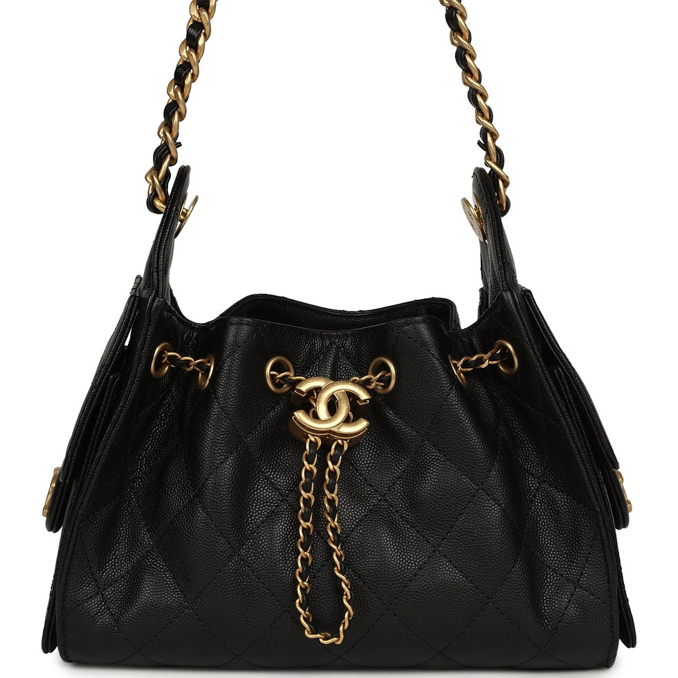 Pre-owned Chanel Mini 25 Hobo Bag in black caviar leather, front view with drawstring closure