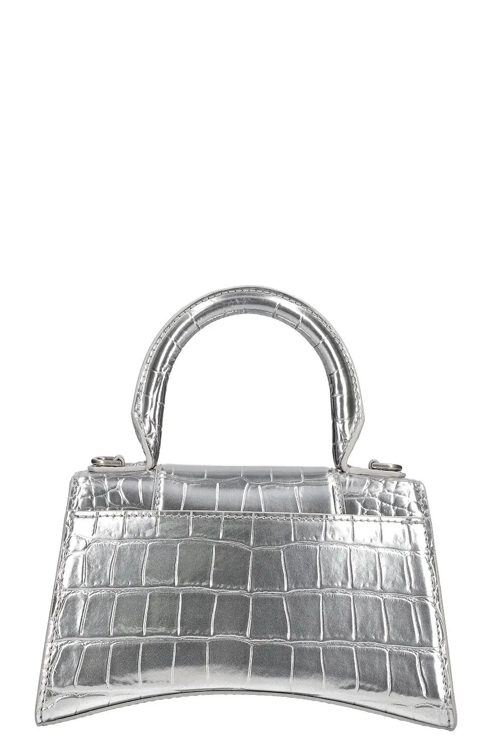 Thumbnail: Silver croc Balenciaga XS Hourglass bag front with arched handle
