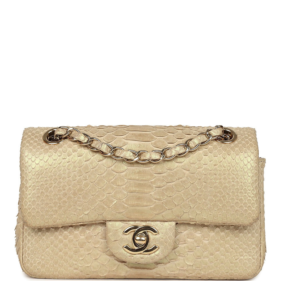 Front view of the Chanel Mini Rectangular Flap Bag in iridescent gold python with a gold CC turn-lock