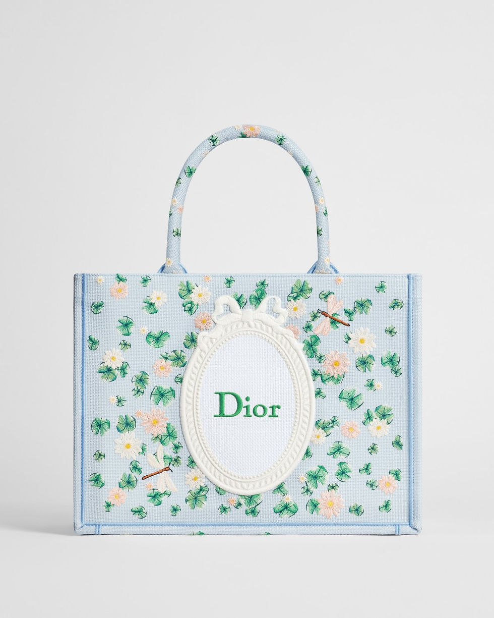 Dior Medium Book Tote with strap in blue Dior Water Lily embroidery – front view