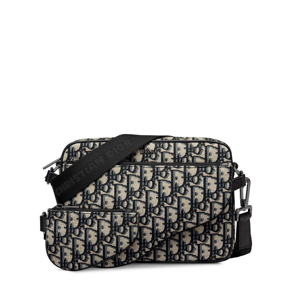 Dior Saddle Triple Pouch in beige and black Dior Oblique jacquard – front view with strap