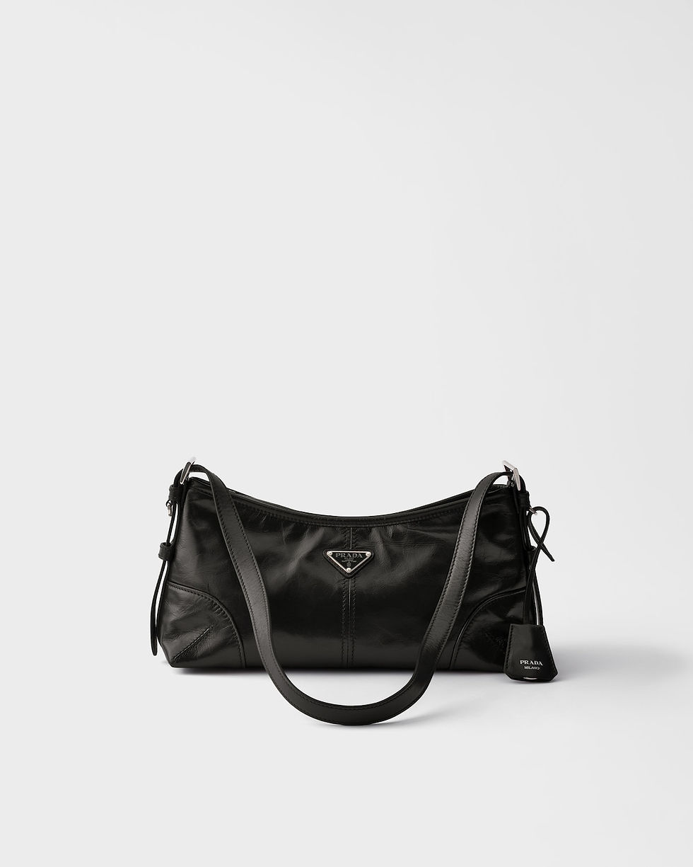 Prada Aimée medium shoulder bag in black shiny leather – front view