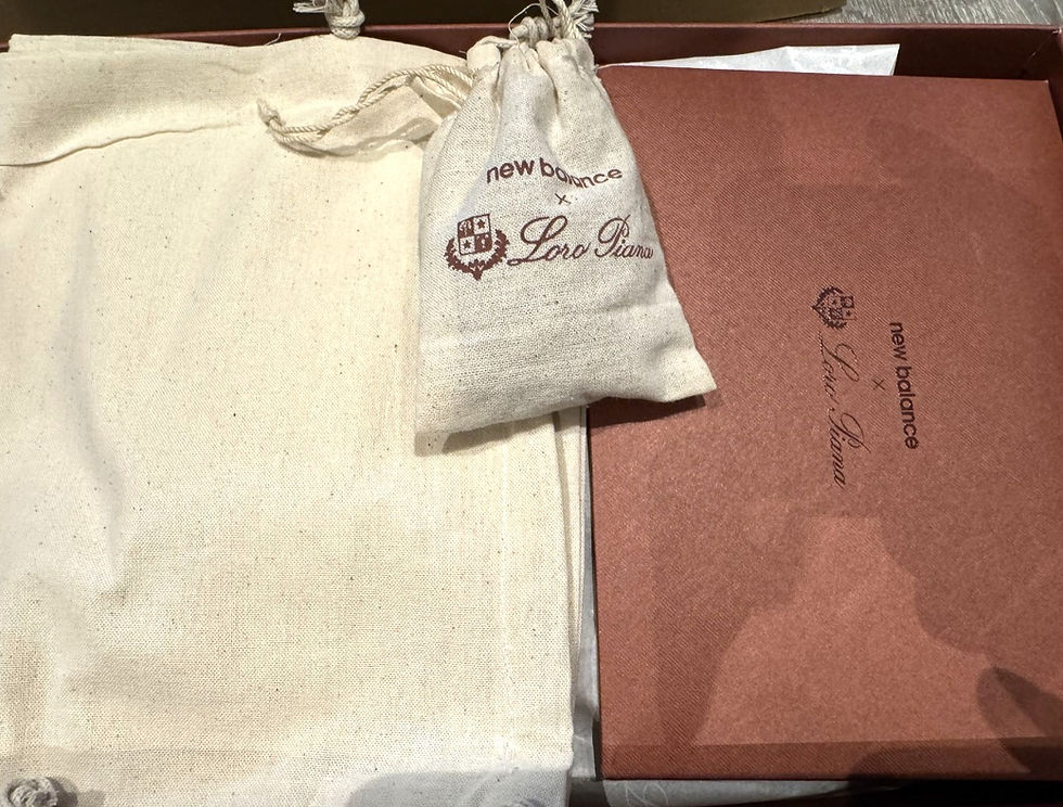 Thumbnail: Collaboration packaging for the New Balance × Loro Piana 990v6, including cotton dustbags and envelope