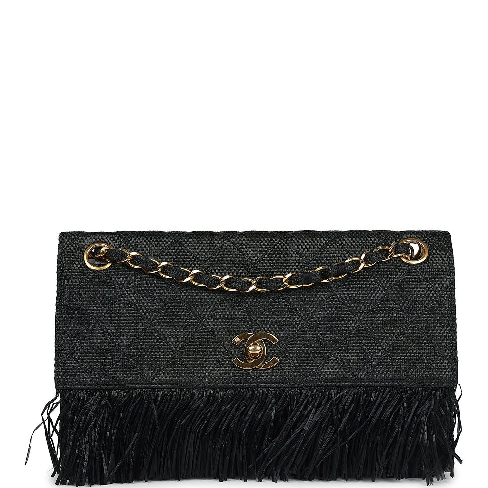 Front view of the vintage Chanel single flap bag in black quilted raffia with a fringed base and gold-tone CC turn-lock