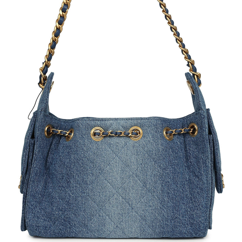 Thumbnail: Back view of the blue washed denim hobo bag on its chain shoulder straps