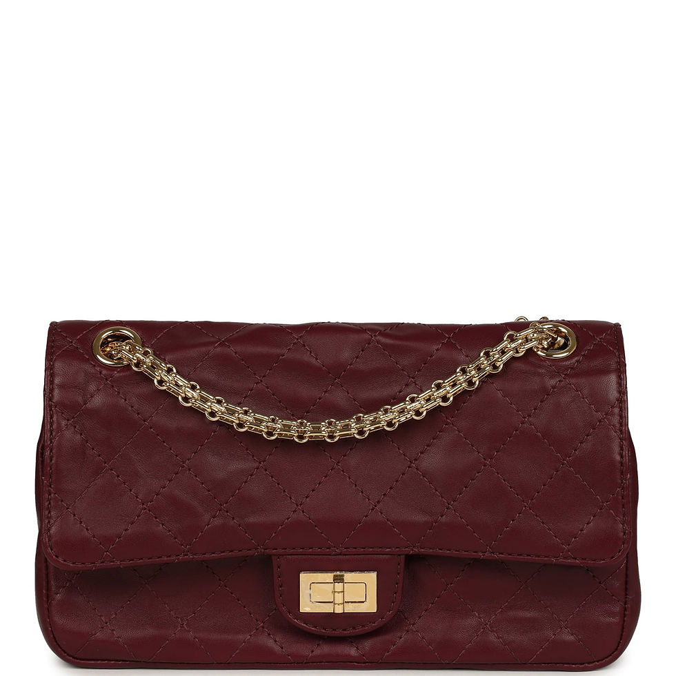 Front view of the Chanel Small Crush Reissue 225 bag in burgundy lambskin with the aged gold turn-lock