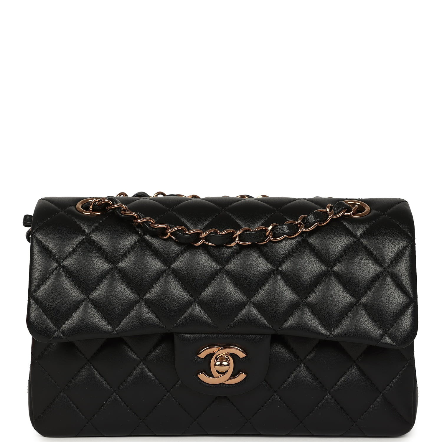 Chanel Small Classic Double Flap bag in black lambskin, front view with rose gold-tone chain strap