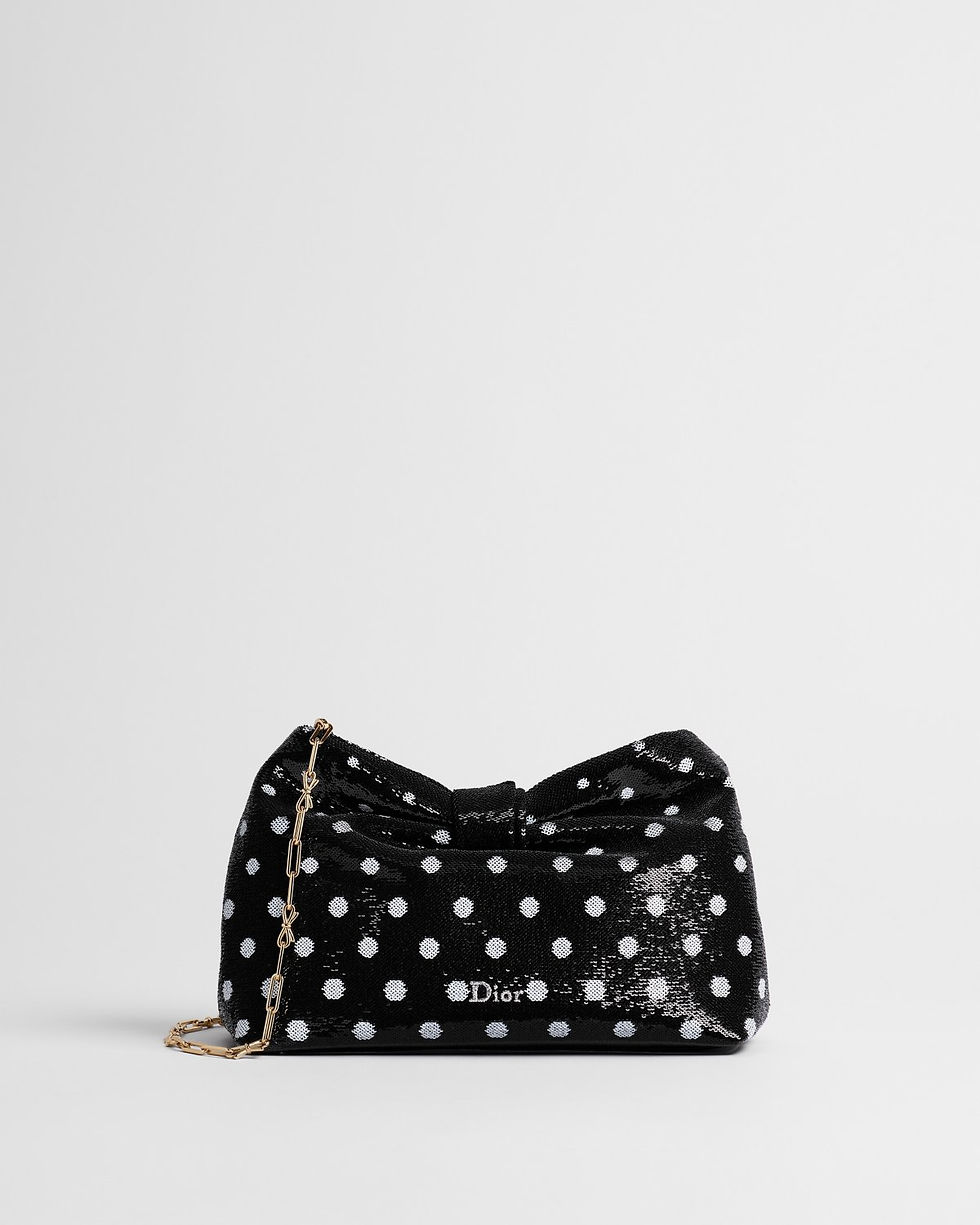 Dior Small Bow bag in black PolkaDior sequin-embroidered satin – front view
