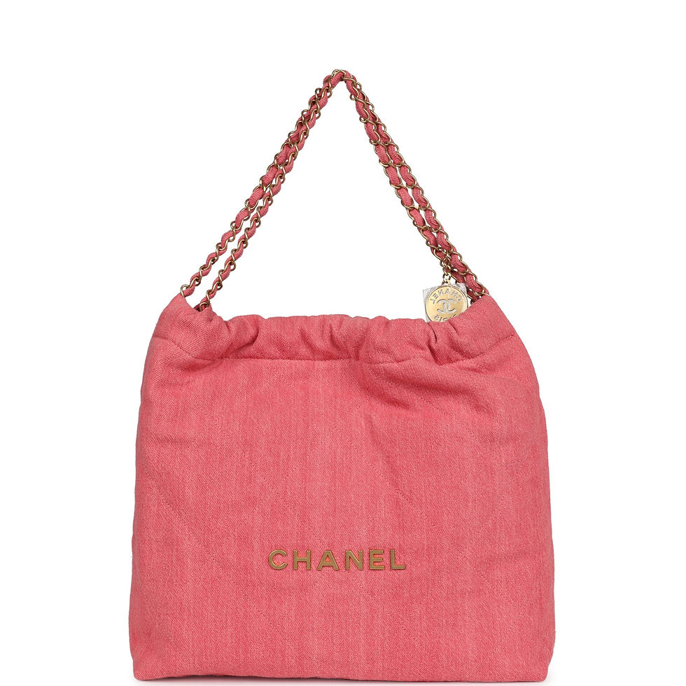 Chanel 22 Small bag in coral-pink washed denim with gold-tone chain strap and CHANEL wordmark