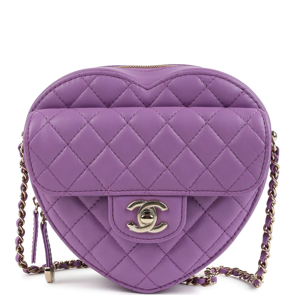 Chanel CC In Love Large Heart Bag in purple lambskin, front view with CC turnlock