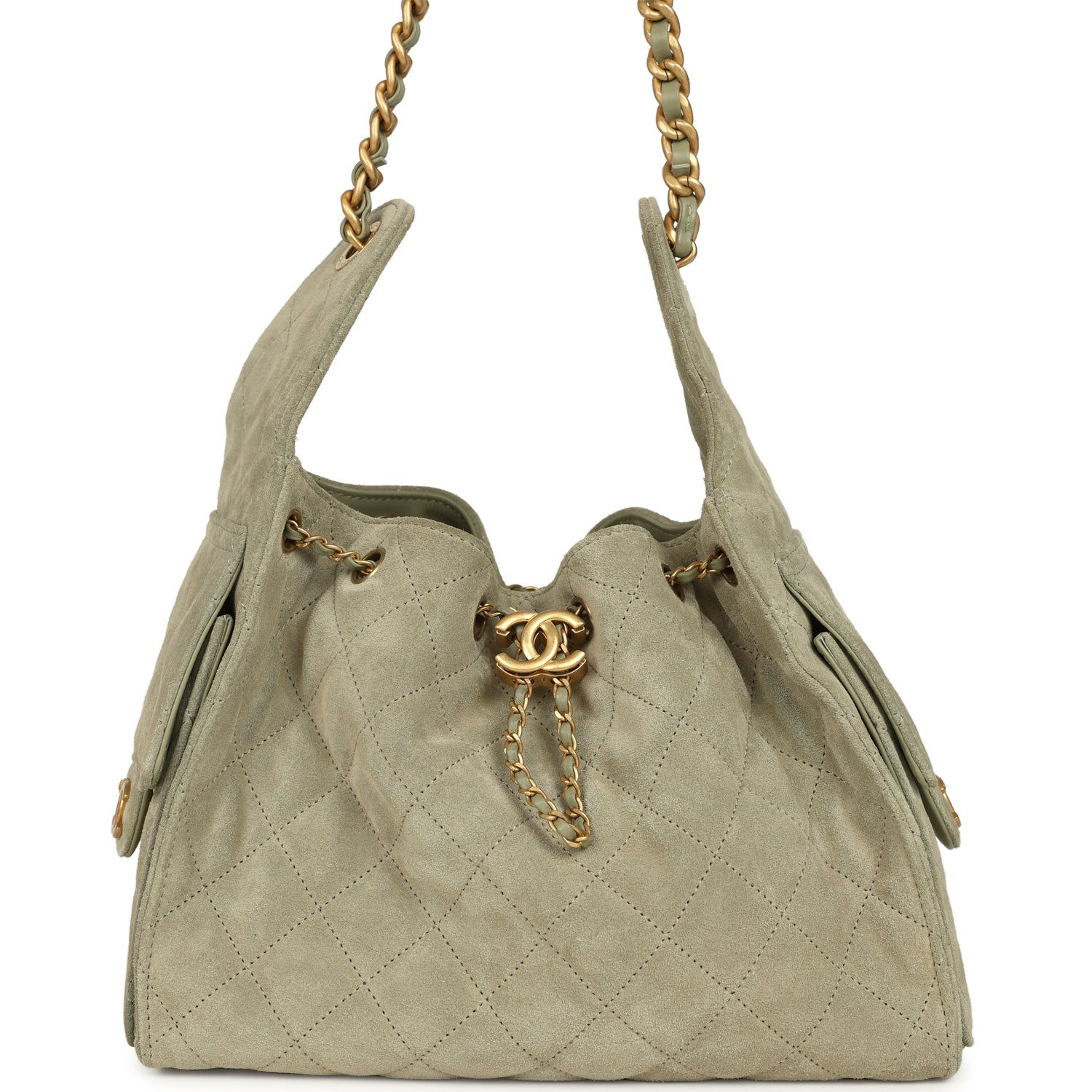 Pre-owned Chanel Small 25 Hobo Bag in olive green suede, front view with drawstring closure