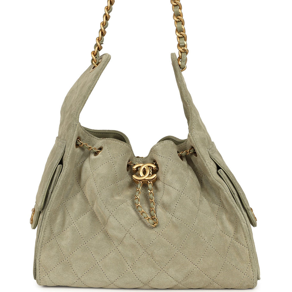 Pre-owned Chanel Small 25 Hobo Bag in olive green suede, front view with drawstring closure