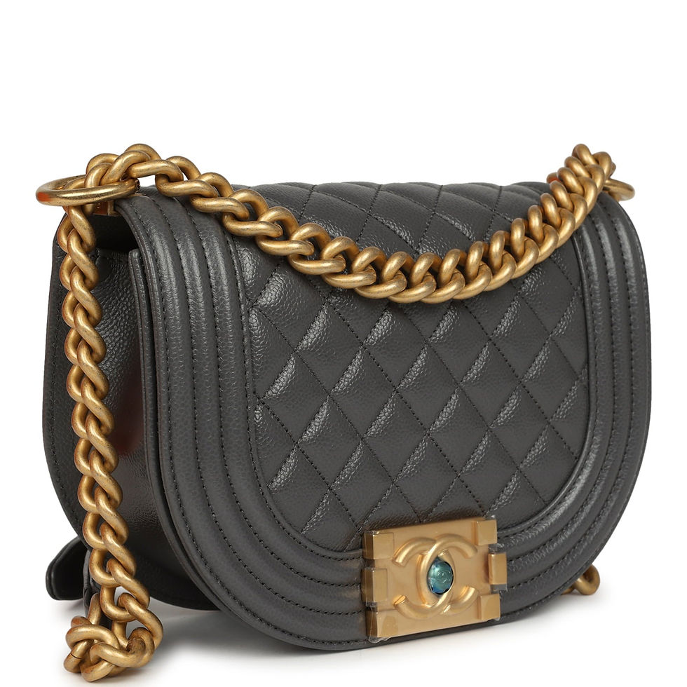 Three-quarter view of the grey caviar Boy Messenger bag showing the antique gold-tone chain and CC clasp