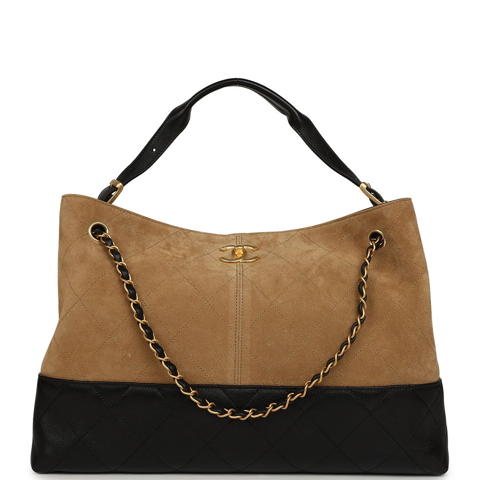Chanel Large Coco Base Hobo Bag in tan suede and black lambskin, shown front-facing