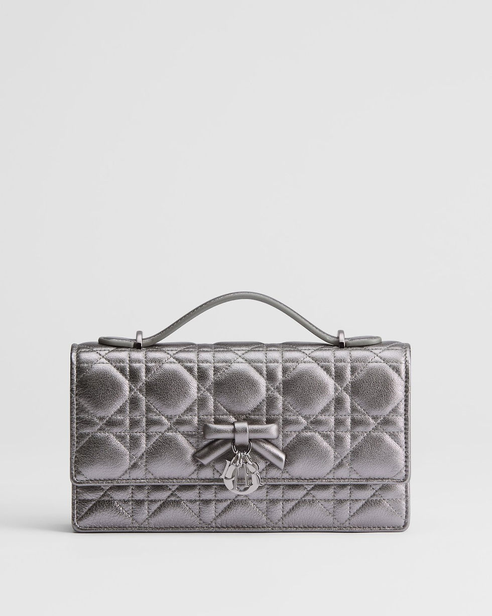 Dior My Dior Mini Bag with Bow in Silver-Tone Metallic Cannage Lambskin – front view