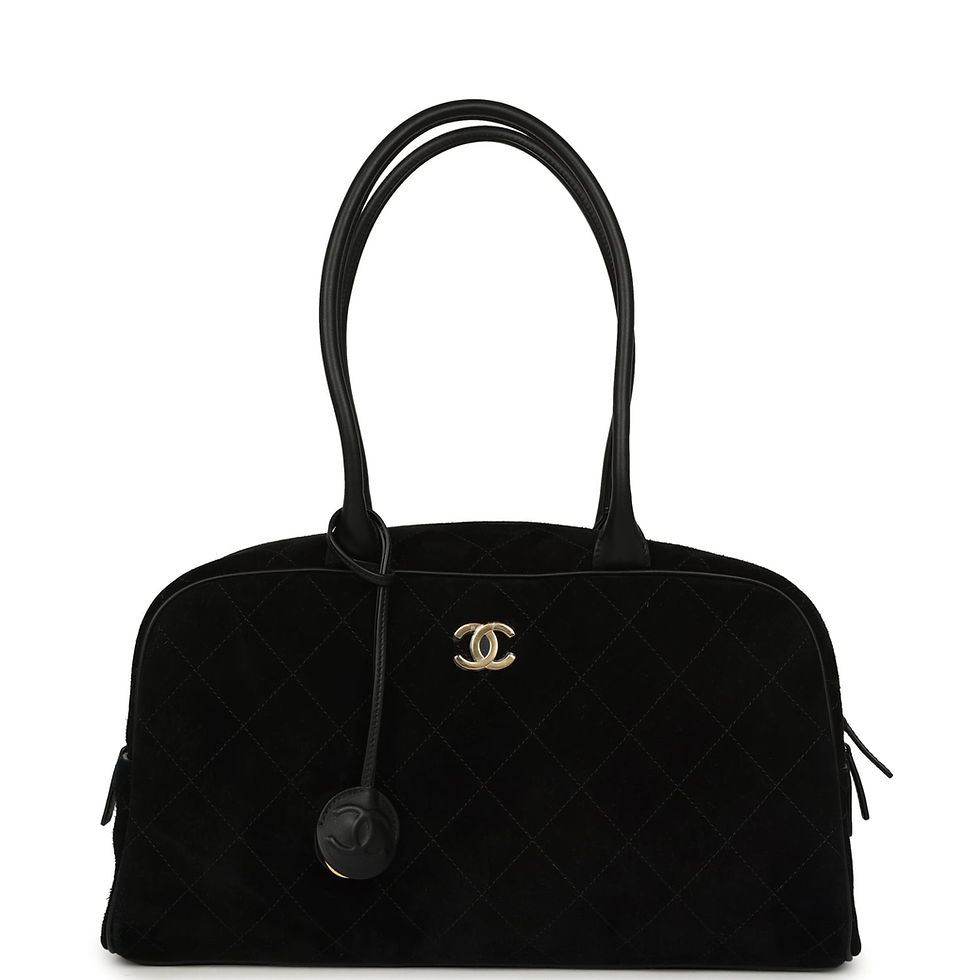 Front view of the Chanel Large Perfect Bowling bag in black quilted suede with gold CC clasp