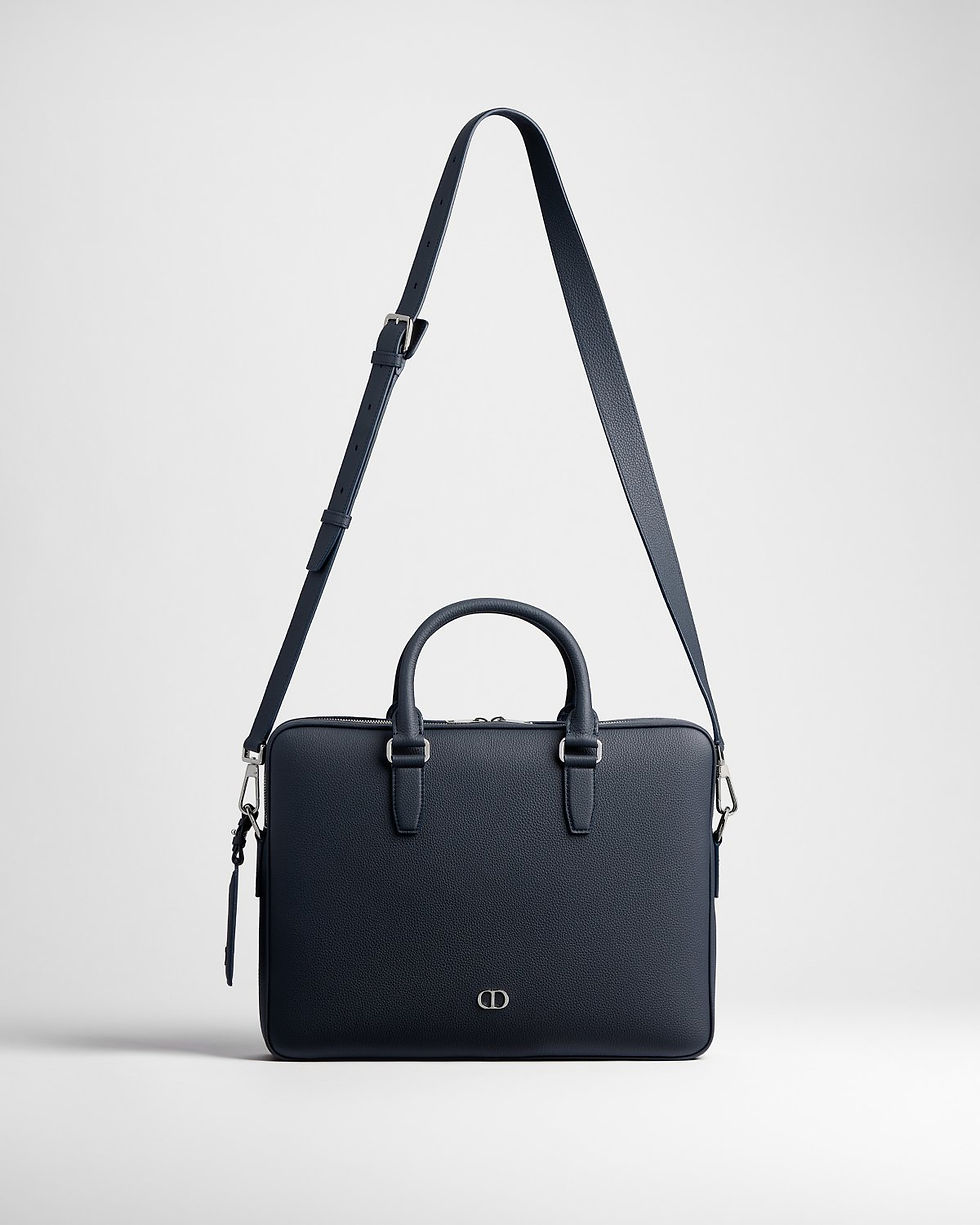Dior CD Icon zipped briefcase in blue matte grained calfskin – view 2