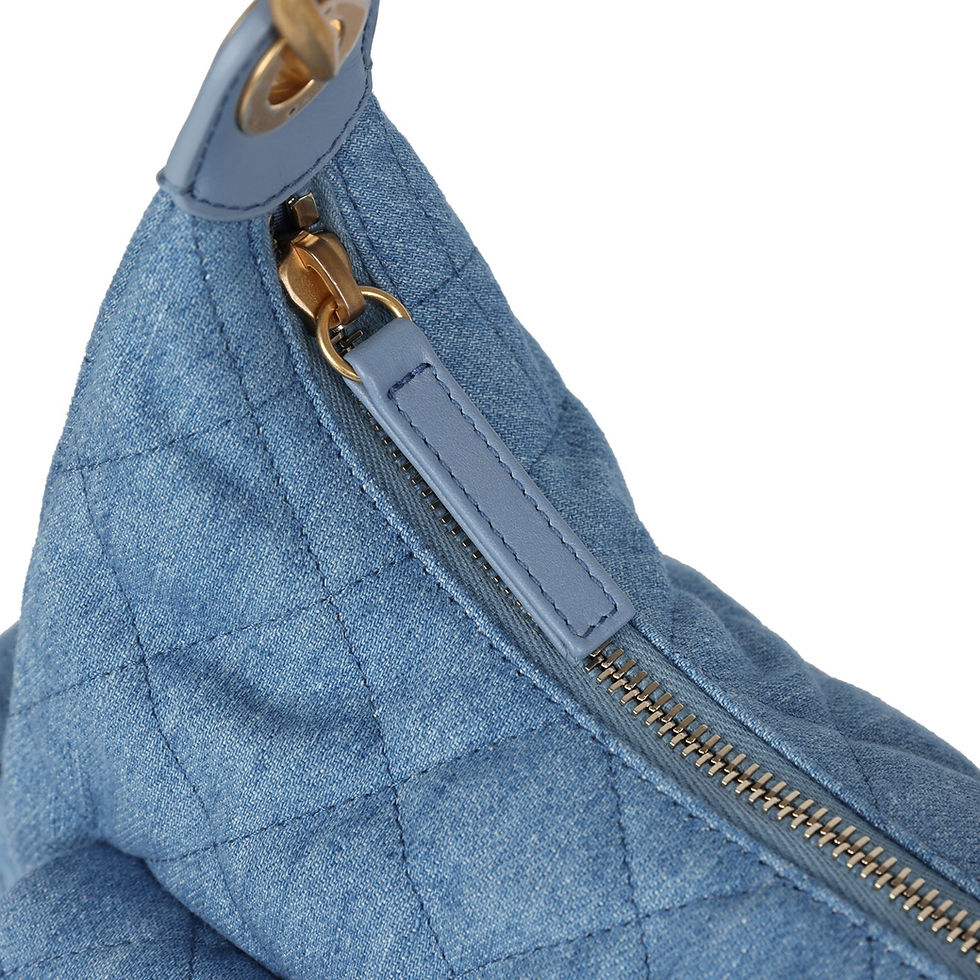 Thumbnail: Base view of the bag showing its quilted denim underside and hardware feet