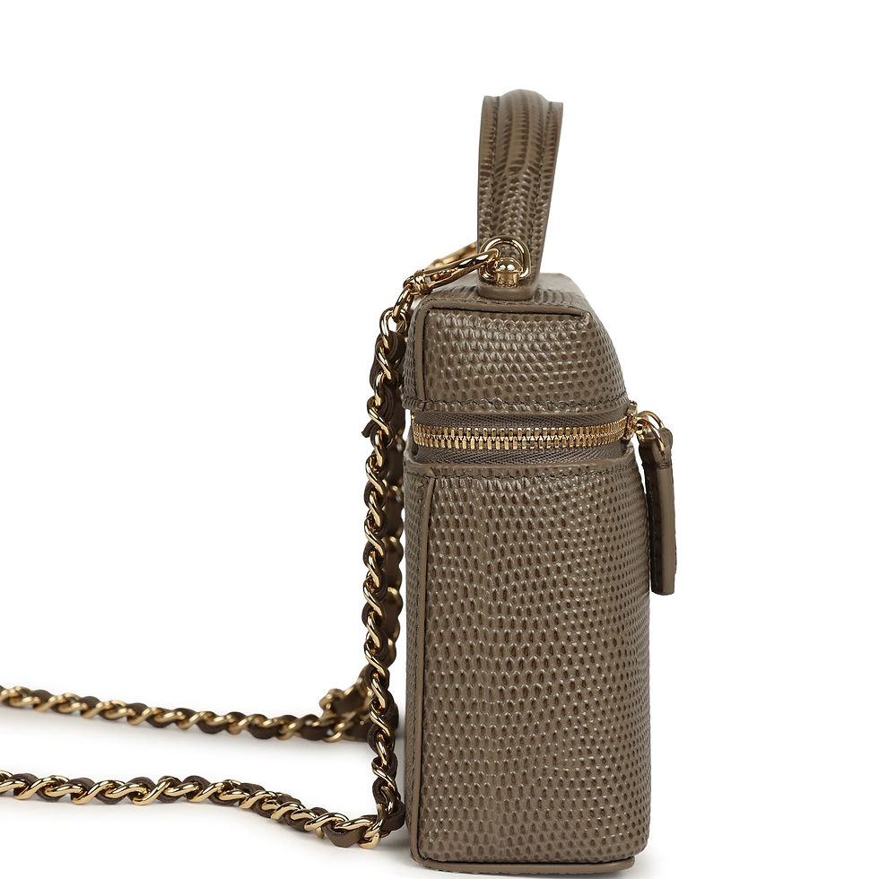 Thumbnail: Side profile in khaki lizard-embossed calfskin showing the scale texture and gold-tone zip