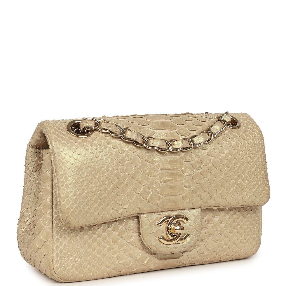 Three-quarter angled view showing the natural texture of the gold python skin and chain strap