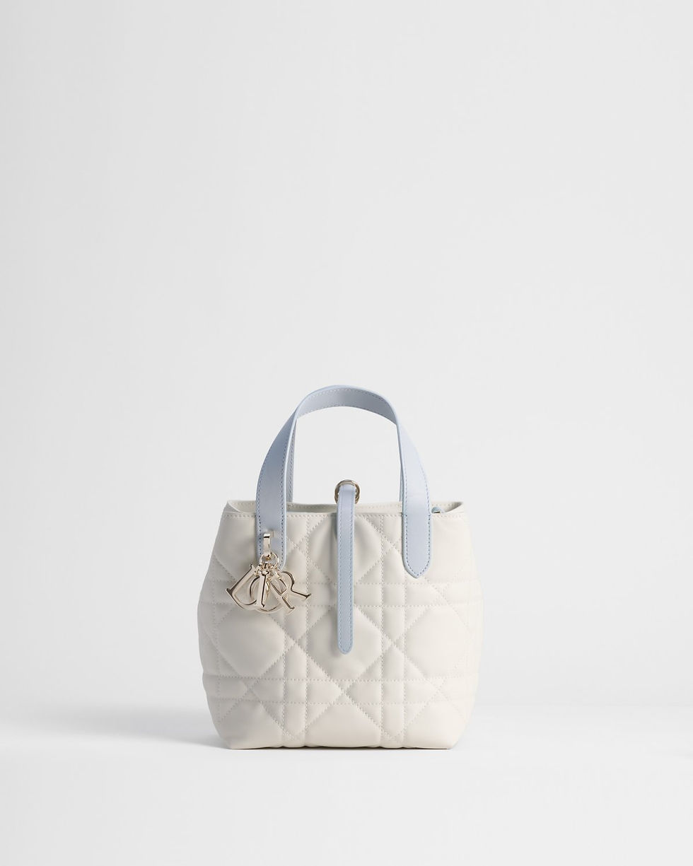 Dior Qixi Small Toujours Vertical Tote bag in latte and Ice Blue calfskin – front view