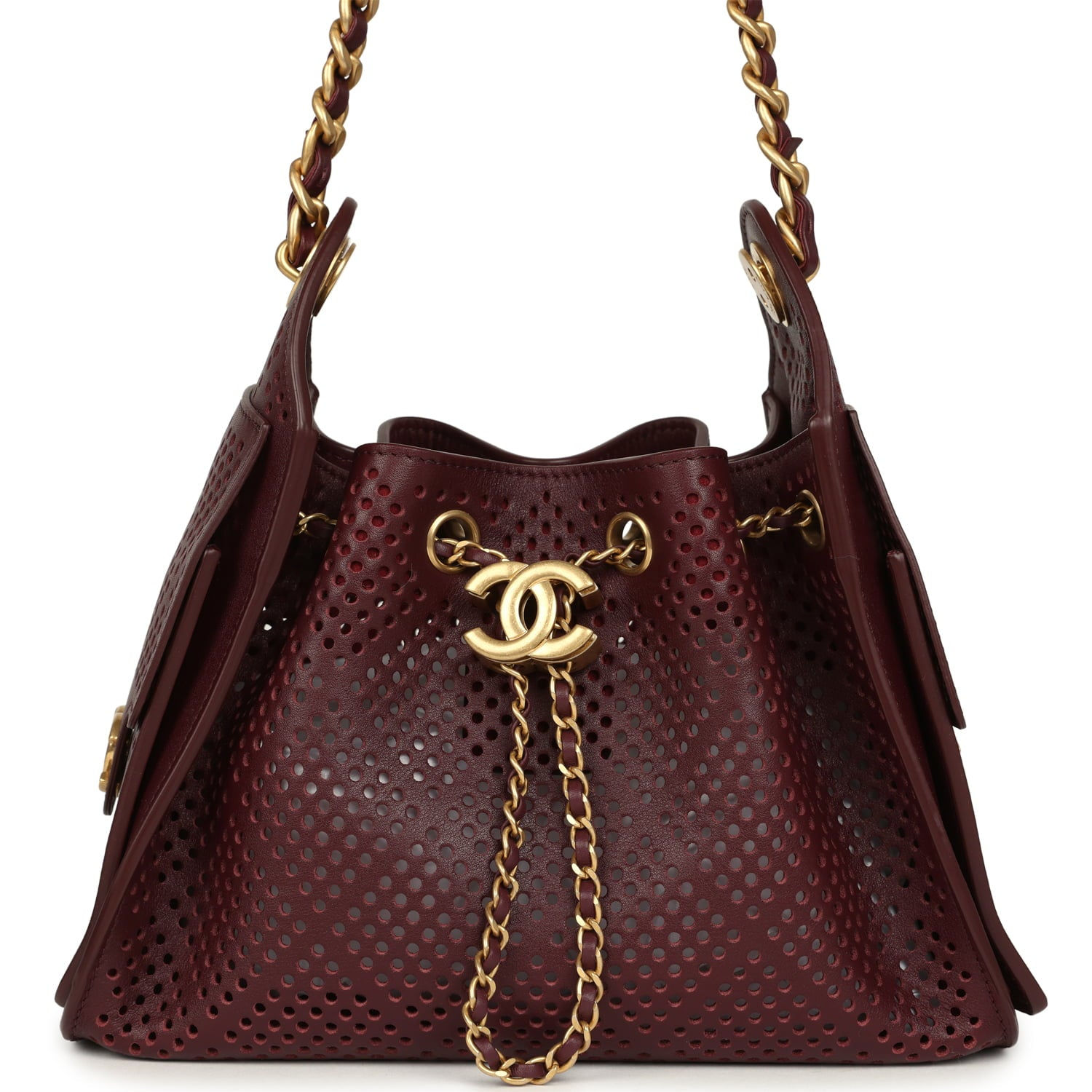 Chanel 25 Mini hobo bag in dark burgundy perforated calfskin with gold-tone chain straps